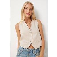 Happiness Istanbul Women's Denim V-neck Sleeveless Crop Waistcoat in Beige | Size: Small