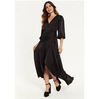 Liquorish Women's Black Midi Wrap Dress With Puff Sleeves | Size: 10