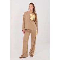 Love Lace Women's Bow Detail Wide Leg Casual Tracksuit Set in Beige