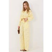 Love Lace Women's Textured Viscose Elastane Shirt Trouser Set in Yellow
