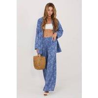 Love Lace Women's Long Sleeve Collared Shirt & Pant Set in Blue