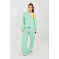 Love Lace Women's Bow Detail Casual Wide Leg Tracksuit Set in Green