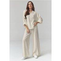 Love Lace Women's Stylish Button Down Shirt & Wide Pants Set in Beige