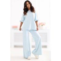 Love Lace Women's Viscose Elastane Blouse & Wide Leg Trouser Set in Blue