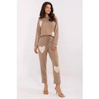 Love Lace Women's Casual Heart Patch Hooded Tracksuit Set in Beige