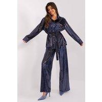Love Lace Women's Sequin Shirt & Straight Pants Set with Tie in Blue | Size: S/M