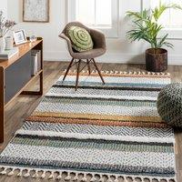 Livabliss Lofty-Shaggy Off-White Black Yellow Vintage Boho Plush Soft Pile Fringe Living Bedroom Rug in Cream | Size: 60 cm x 90 cm