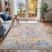 Livabliss Harput-Vintage Blue Orange Yellow Grey Traditional Boho Living Rug in Teal | Size: 80 cm x 150 cm