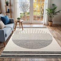 Livabliss Pisa-Geometric Black Grey Ivory Modern Living Dining Bedroom Rug in Off-White | Size: 80 cm x 150 cm
