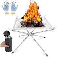 Shatchi Portable Fire Pit for Outdoor Camping, 42CM Foldable Stainless Steel Mesh Fire Pit with Heat Resistant Gloves & Carrying Bag in Silver