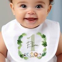 Aye Do Gifts Men's Personalised Green Animals 1st Birthday Baby Outfit: Bib in White