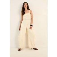 NastyGal Women's Strappy Seam Detail Wide Leg Denim Jumpsuit in Ecru | Size: 10