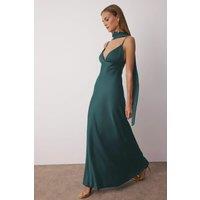 HOXTON GAL Women's Satin Maxi Evening Dress with Spaghetti Straps & Shawl Detail in Green | Size: 14