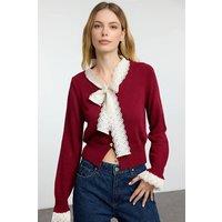 WOVCOR Women's Lace Trim Ribbed Knit Crop Cardigan with Button Front in Burgundy | Size: Medium