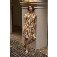 Weird Fish Women's Orlando Printed Linen Rich Shift Dress in Gold | Size: 20