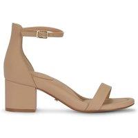 MALOW LONDON Women's Khloe Heeled Sandals Buckle Strap PU Open Toe Block Heel Shoes in Brown | Size: 5