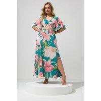 Yours Women's Floral Print Maxi Wrap Dress in Teal | Size: 26-28
