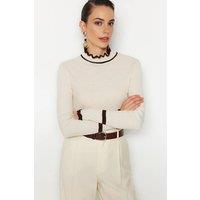 WOVCOR Women's Colour Block Rib-Knit Long Sleeve Sweater in Stone | Size: Large