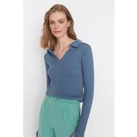 WOVCOR Women's Polo Neck Knit Sweater with Finger Detail in Blue | Size: Small