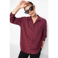 WOVCOR Women's Single Pocket Boyfriend Cotton Woven Shirt in Burgundy | Size: 10