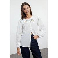 WOVCOR Women's Embroidered Collar Woven Shirt With Balloon Sleeves in White | Size: 10