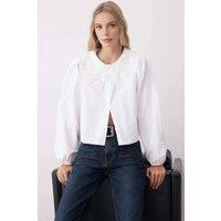 WOVCOR Women's Cropped Button-Up Shirt with Guipure Lace Collar in White | Size: 14