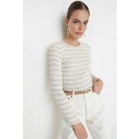 WOVCOR Women's Striped Ribbed Knit Sweater in Stone | Size: Small