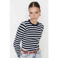 WOVCOR Women's Striped Ribbed Knit Sweater in Navy | Size: Small
