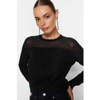 WOVCOR Women's Shimmer Knit Long Sleeve Sheer Panel Sweater in Black | Size: Large