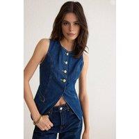 WOVCOR Women's Sleeveless Button Front Structured Denim Vest Top in Dark Blue | Size: Large