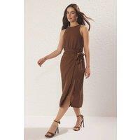 WOVCOR Women's High Neck Midi Woven Dress With Tie Detail in Brown | Size: 10