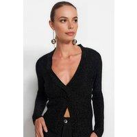 WOVCOR Women's Glitter Knit V-Neck Slit Detail Sweater in Black | Size: Medium