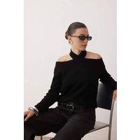 WOVCOR Women's Cropped Knit Sweater with Cross Over Collar Detail in Black | Size: Large