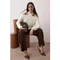WOVCOR Women's Cropped Knit Sweater with Cross Over Collar Detail in Ecru | Size: Medium