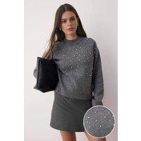 WOVCOR Women's Embellished Soft Knit Sweater with Pearl Detail in Dark Grey | Size: Large