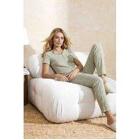 WOVCOR Women's Ditsy Floral Ribbon Detail Short Sleeve Cotton Ribbed Pyjama Set in Green | Size: Medium