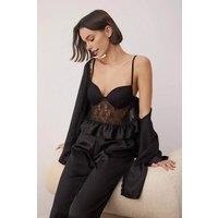 WOVCOR Women's Lace Corset Satin Robe & Wide Leg 3-Piece Pyjama Set in Black | Size: 8