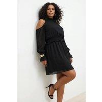 WOVCOR Women's Cold Shoulder Sheer Sleeve Mini Dress with Shirred Waist in Black | Size: 14