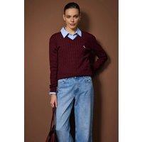 WOVCOR Women's Embroidered Motif V-Neck Cable Knit Jumper in Burgundy | Size: S/M