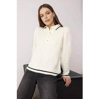 WOVCOR Women's Polo Collar Textured Knitted Jumper in Ecru | Size: Large