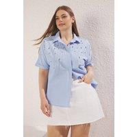 WOVCOR Women's Embellished Short Sleeve Button Up Woven Shirt in Blue | Size: 16