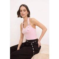 WOVCOR Women's Halter Neck Belt Detail Fitted Knitted Blouse with Buckle Accent in Pink | Size: Large