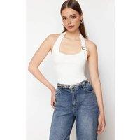 WOVCOR Women's Halter Neck Belt Detail Fitted Knitted Blouse with Buckle Accent in White | Size: Small