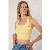 WOVCOR Women's Halter Neck Belt Detail Fitted Knitted Blouse with Buckle Accent in Lemon | Size: XS