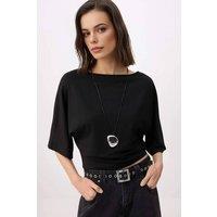WOVCOR Women's Asymmetric Neck Regular Fit Knitted Blouse with Relaxed Sleeve in Black | Size: XS