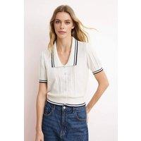 WOVCOR Women's Collared Button Detail Short Sleeve Knitted Blouse with Trim in Ecru | Size: Medium