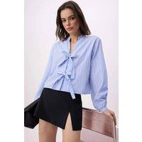 WOVCOR Women's Stripe Tie Front Button Up Regular Fit Long Sleeve Shirt in Blue | Size: 10