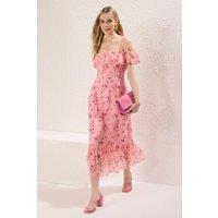 WOVCOR Women's Floral Bardot Midi Dress with Frill Hem Detail in Pink | Size: 14