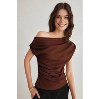 WOVCOR Women's Draped Bardot Neck Ruched Detail Sleeveless Top in Brown | Size: Small