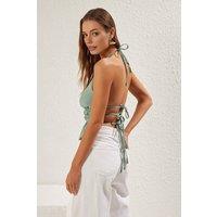 WOVCOR Women's Shirred Halterneck Peplum Blouse Top in Khaki | Size: 6